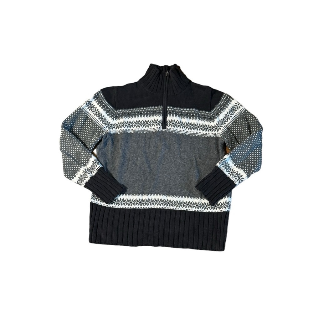 Land's End Women’s Fair Isle Size Large Black Grey White Sweater 1/4 Zip Vintage